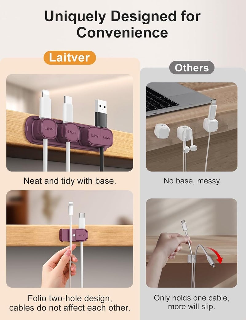 Laitver 6 Pack Magnetic Cable Clips [1s Open/Lock], Cord Organizer Holder Strong Adhesive Desk Cable Management- Organize Charging Cords Neatly for Home, Office, Car,Desk, Nightstand-Dark Purple - Image 3